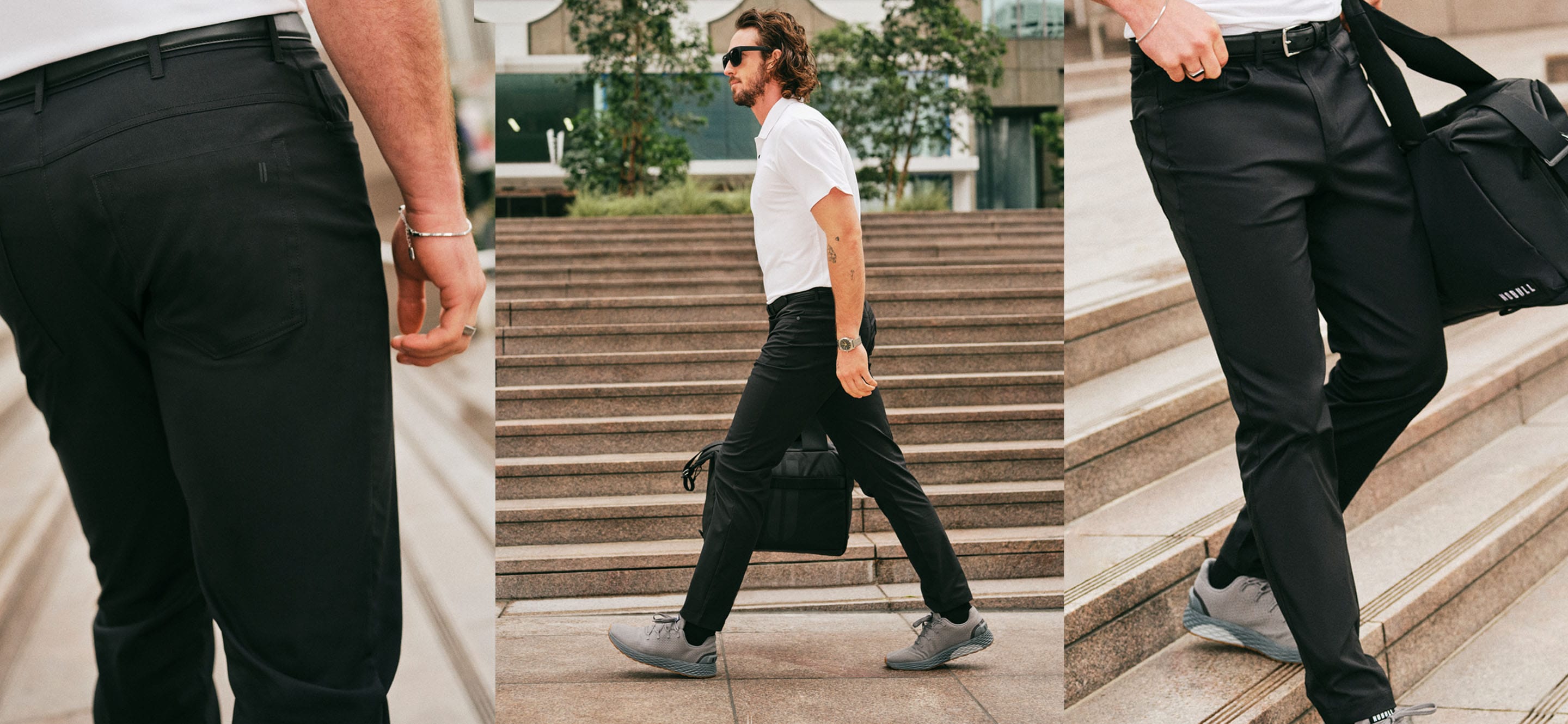 promo - A three-panel collage showing a man wearing black trousers in an outdoor setting. The left panel is a close-up of the back of the black trousers.