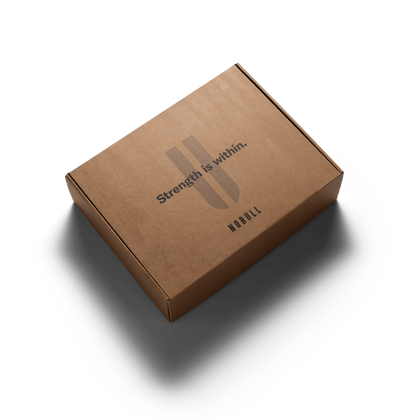 Brown cardboard box with 'Strength is within' text on a white background